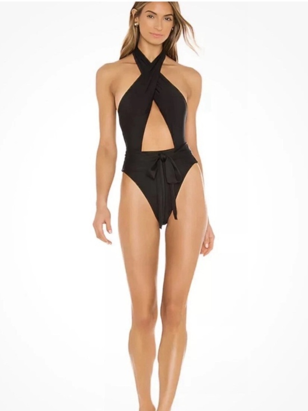 PQ Swim Black Wrap Halter Cutout One Piece Swimsuit Size Small NWT Sexy Luxury